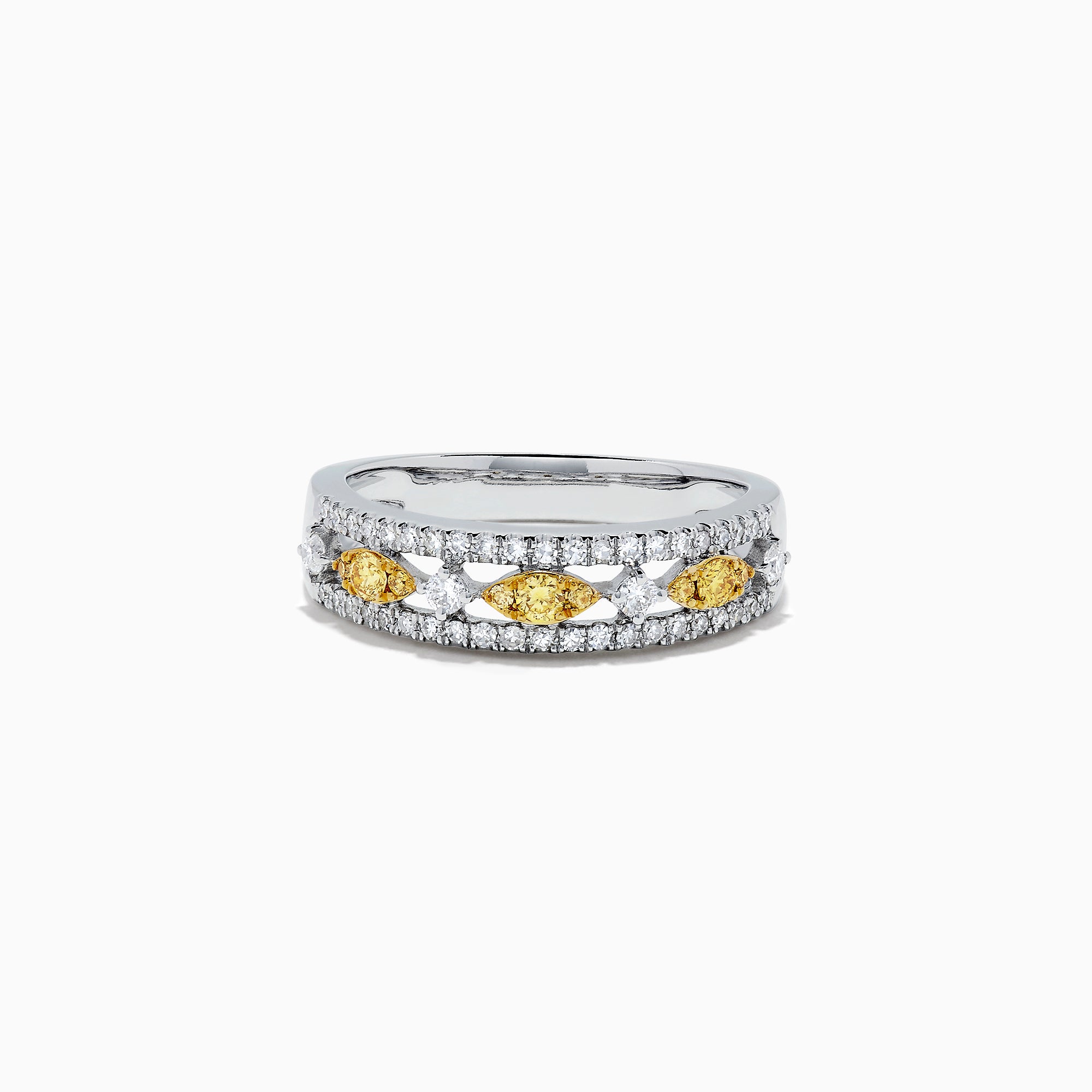 The Canare 14K White Gold Yellow and White Diamond Ring (0.42 TCW) features rows of white diamonds accented by alternating marquise white and round yellow diamonds in a striking, symmetrical design.