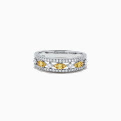 The Canare 14K White Gold Yellow and White Diamond Ring (0.42 TCW) features rows of white diamonds accented by alternating marquise white and round yellow diamonds in a striking, symmetrical design.