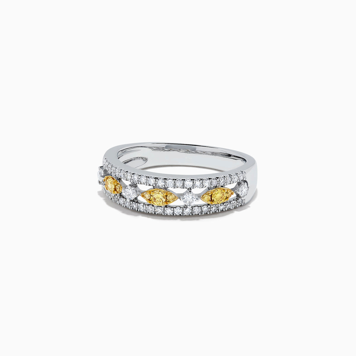 The Canare 14K White Gold Yellow and White Diamond Ring (0.42 TCW) features rows of white diamonds accented by alternating marquise white and round yellow diamonds in a striking, symmetrical design.