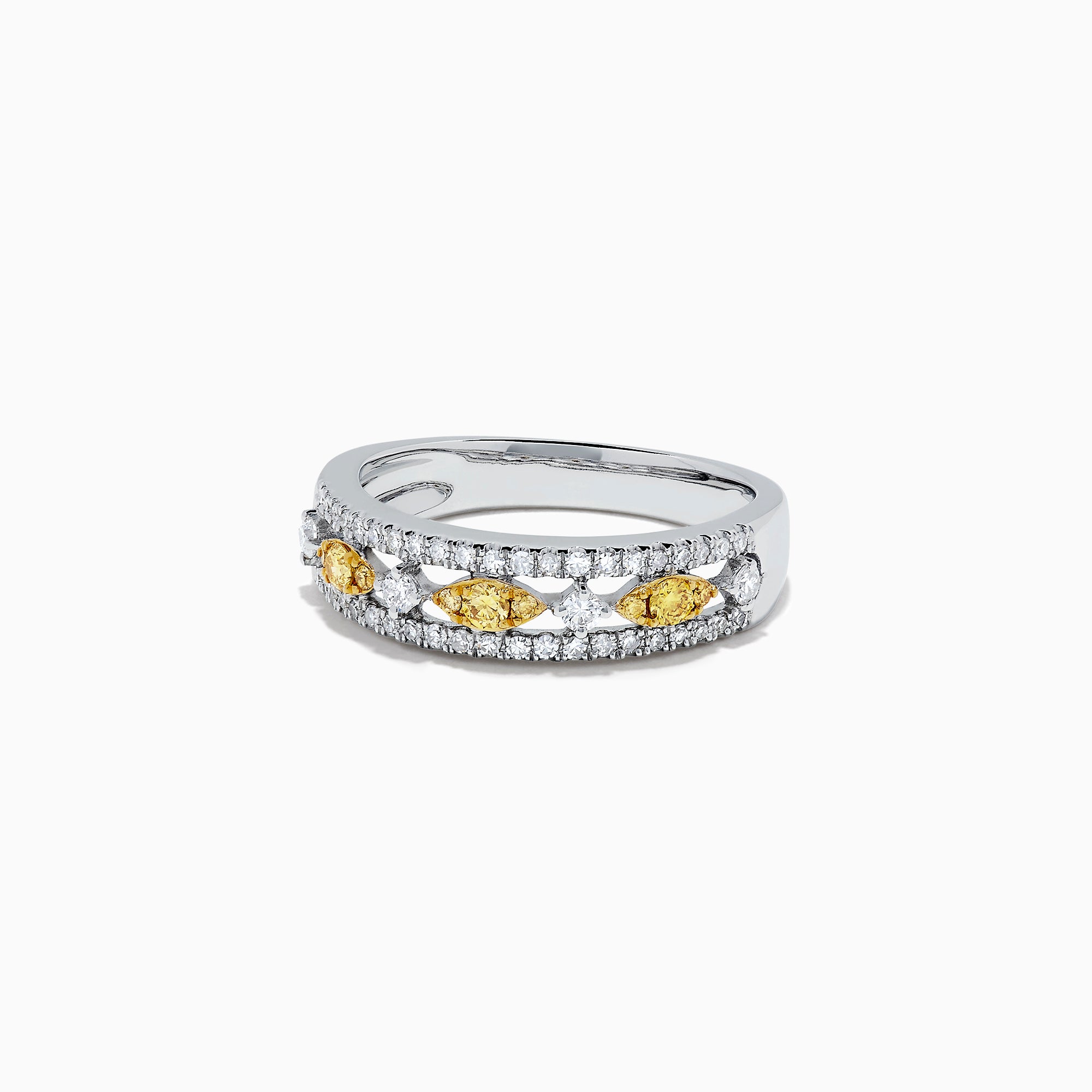 The Canare 14K White Gold Yellow and White Diamond Ring (0.42 TCW) features rows of white diamonds accented by alternating marquise white and round yellow diamonds in a striking, symmetrical design.
