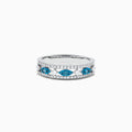 The Bella Bleu 14K White Gold Blue and White Diamond Ring, 0.42 TCW, features four marquise blue stones set in a row with sparkling white diamonds outlining the design for an elegant and striking look.