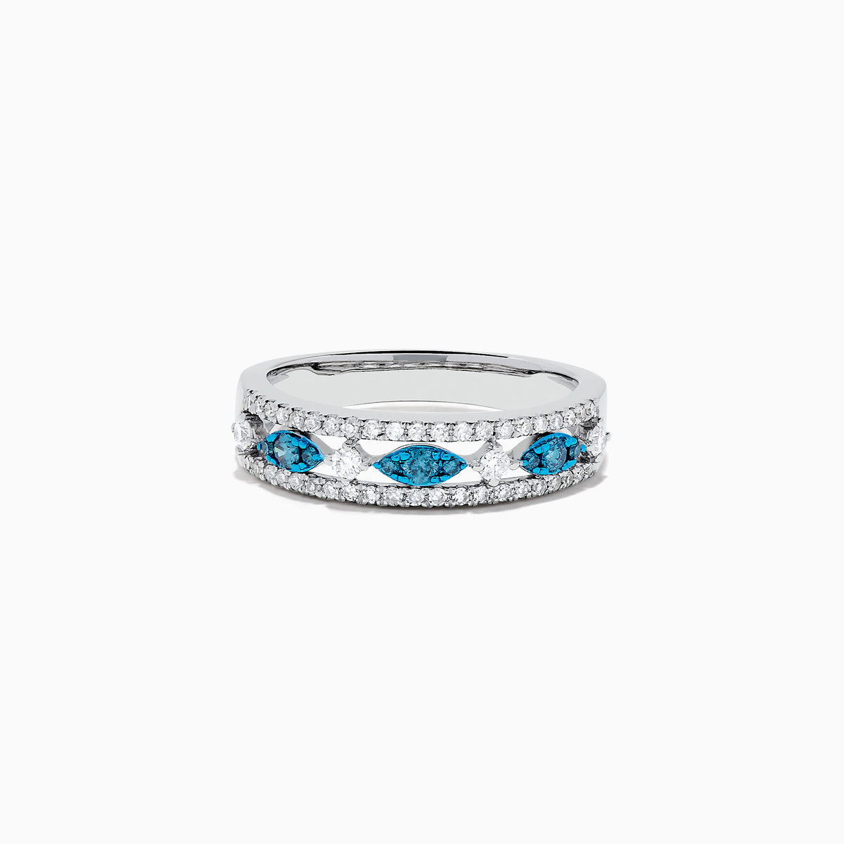 The Bella Bleu 14K White Gold Blue and White Diamond Ring, 0.42 TCW, features four marquise blue stones set in a row with sparkling white diamonds outlining the design for an elegant and striking look.