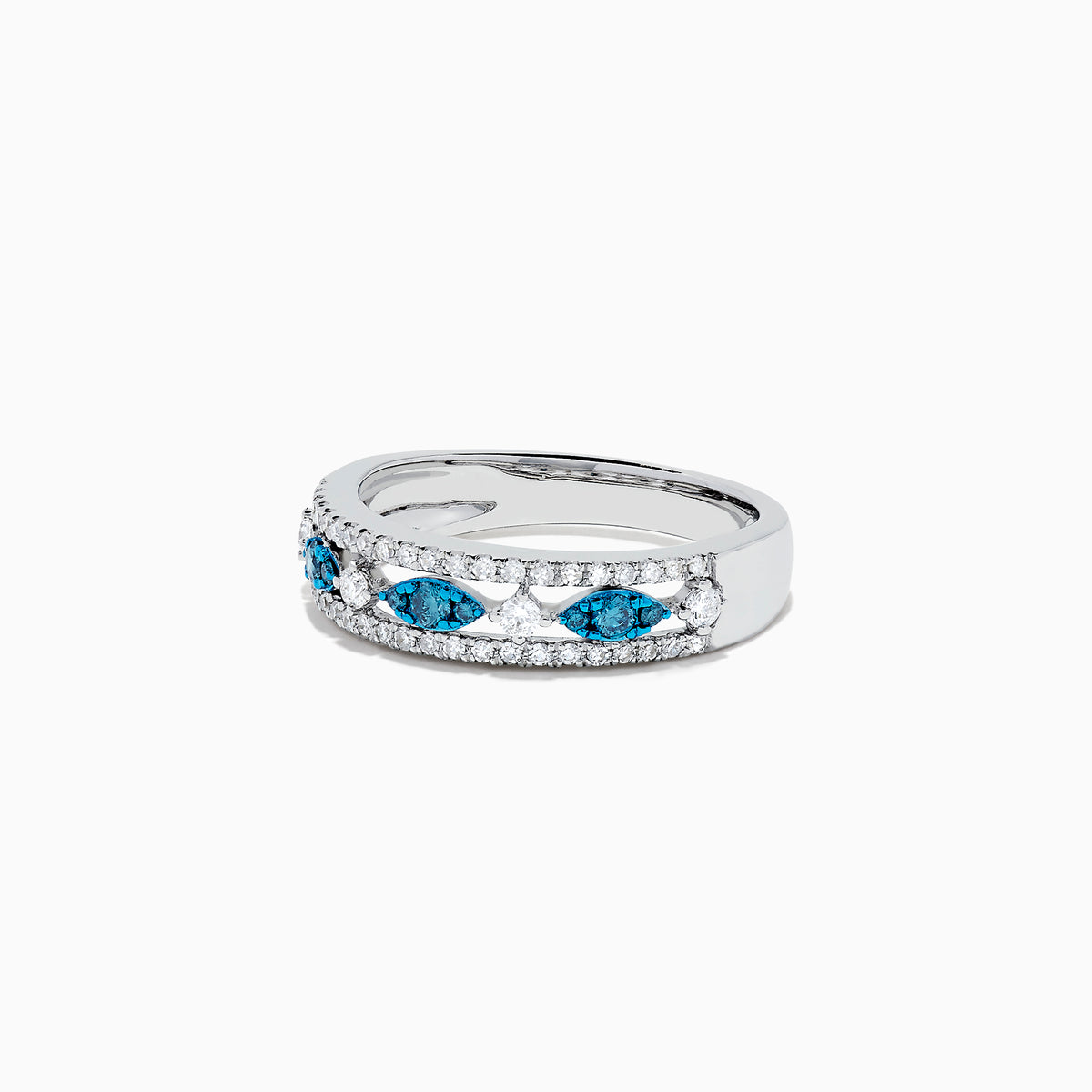 The Bella Bleu 14K White Gold Blue and White Diamond Ring, 0.42 TCW, features four marquise blue stones set in a row with sparkling white diamonds outlining the design for an elegant and striking look.