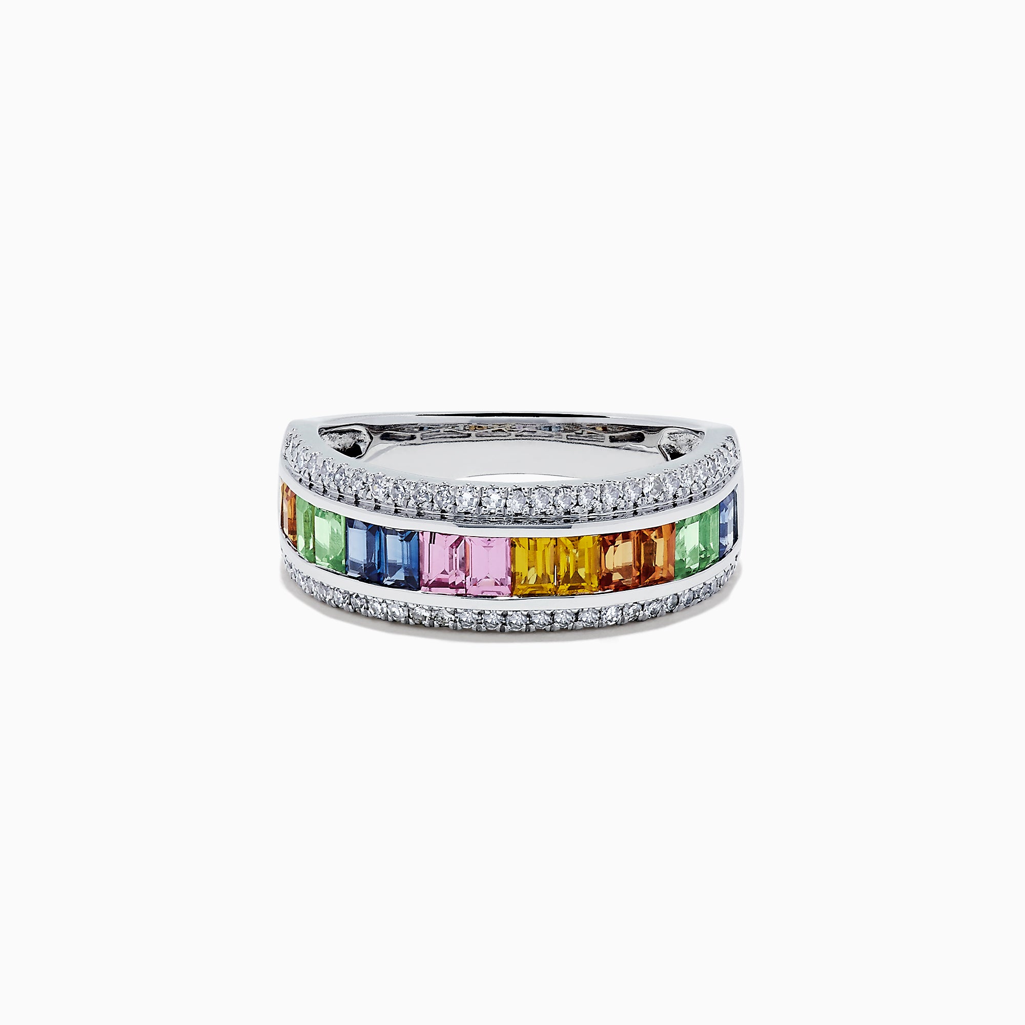 The Watercolors 14K White Gold Multi Sapphire and Diamond Ring, 1.69 TCW, features a row of rectangular sapphires set between two rows of round white diamonds.