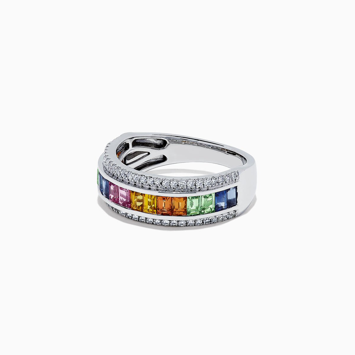 The Watercolors 14K White Gold Multi Sapphire and Diamond Ring, 1.69 TCW, features a row of rectangular sapphires set between two rows of round white diamonds.