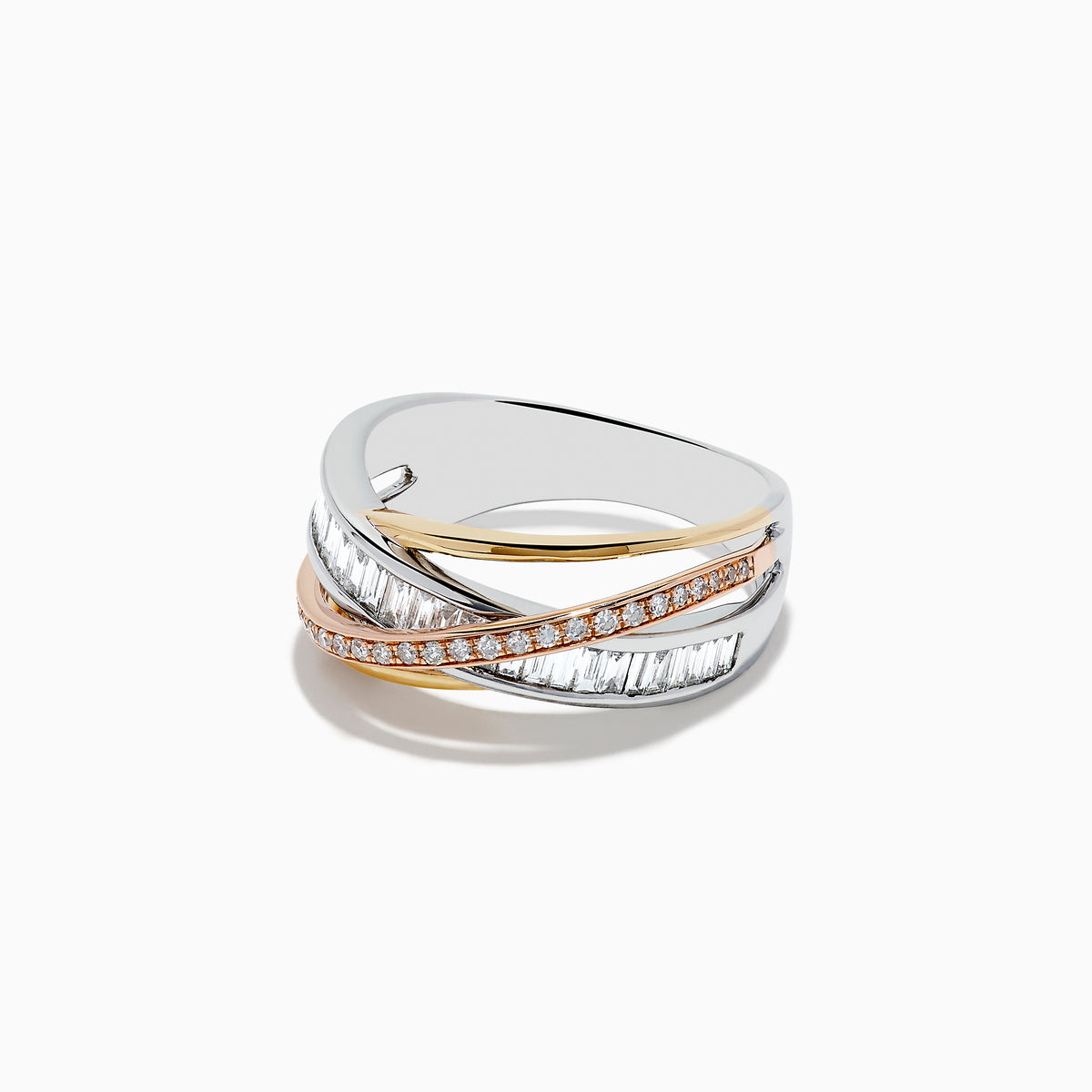 The Trio 14K Three-Tone Gold Diamond Crossover Ring showcases intertwined bands of white, yellow, and rose gold, beautifully set with rows of baguette-cut and round brilliant diamonds.