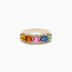 The Watercolors 14K Yellow Gold Multi Sapphire and Diamond Ring, 2.59 TCW, features five square-cut sapphires in orange, yellow, pink, blue, and green bordered by sparkling diamonds for a vibrant finish.