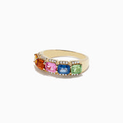The Watercolors 14K Yellow Gold Multi Sapphire and Diamond Ring, 2.59 TCW, features five square-cut sapphires in orange, yellow, pink, blue, and green bordered by sparkling diamonds for a vibrant finish.