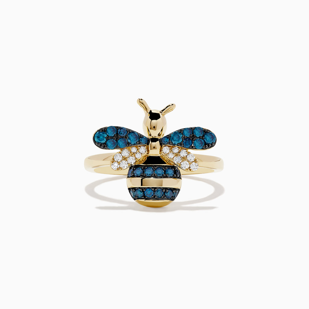 14K Yellow Gold Blue and White Diamond Bee Ring showcasing a charming bee design, with blue and white diamond gemstones embellishing its wings and body, displayed against a plain white background.