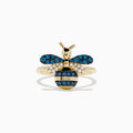 14K Yellow Gold Blue and White Diamond Bee Ring showcasing a charming bee design, with blue and white diamond gemstones embellishing its wings and body, displayed against a plain white background.