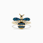 14K Yellow Gold Blue and White Diamond Bee Ring showcasing a charming bee design, with blue and white diamond gemstones embellishing its wings and body, displayed against a plain white background.