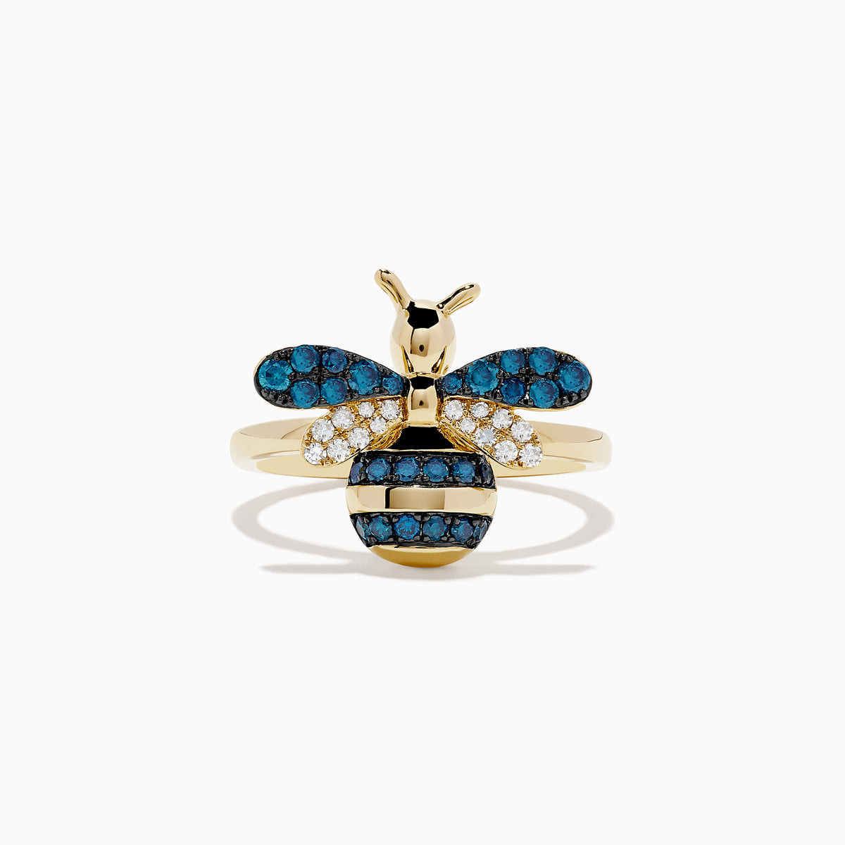 14K Yellow Gold Blue and White Diamond Bee Ring showcasing a charming bee design, with blue and white diamond gemstones embellishing its wings and body, displayed against a plain white background.