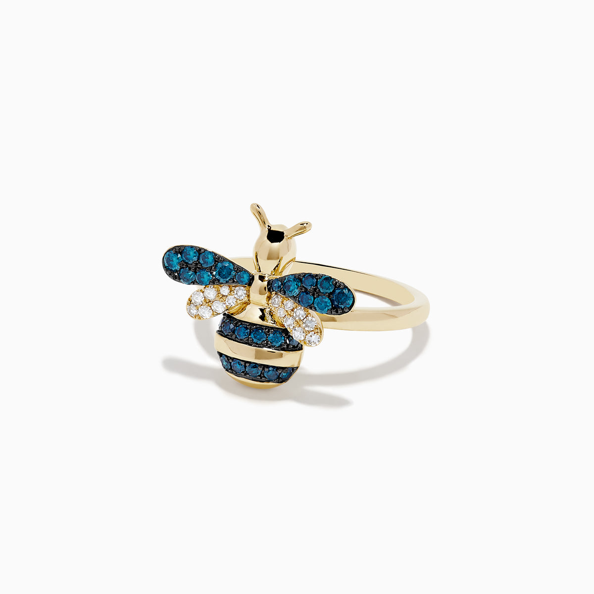 14K Yellow Gold Blue and White Diamond Bee Ring showcasing a charming bee design, with blue and white diamond gemstones embellishing its wings and body, displayed against a plain white background.