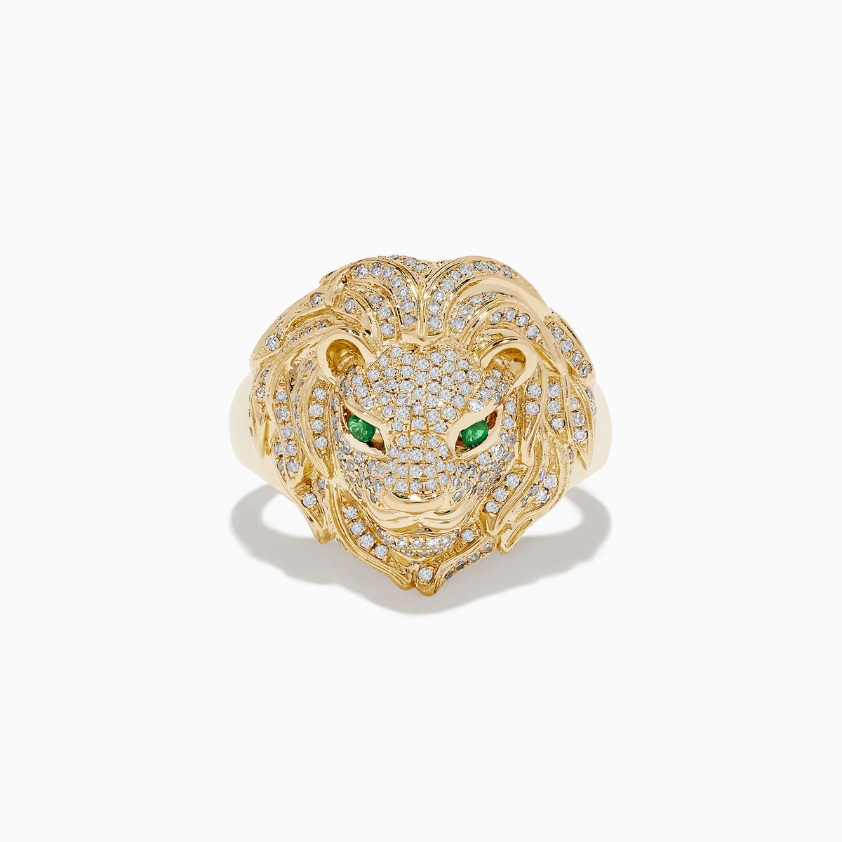 The Mens 14K Yellow Gold Emerald and Diamond Lion Ring features a lions head design with diamond accents and emerald eyes, showcased against a white background.