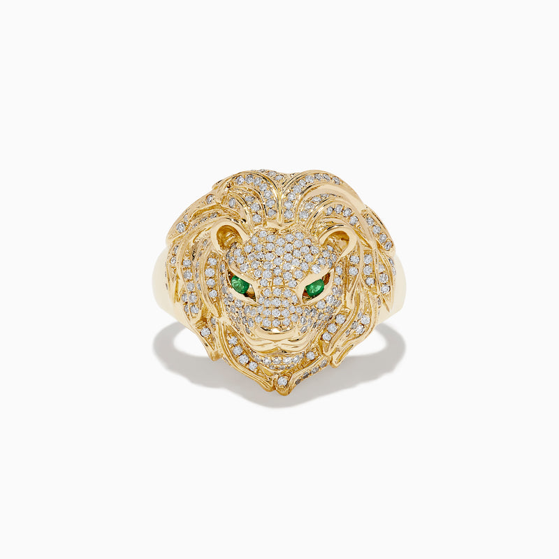 The Mens 14K Yellow Gold Emerald and Diamond Lion Ring features a lions head design with diamond accents and emerald eyes, showcased against a white background.