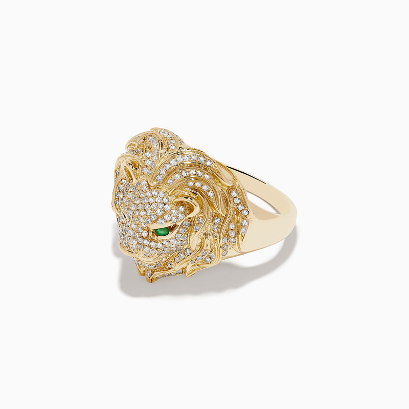 The Mens 14K Yellow Gold Emerald and Diamond Lion Ring features a lions head design with diamond accents and emerald eyes, showcased against a white background.