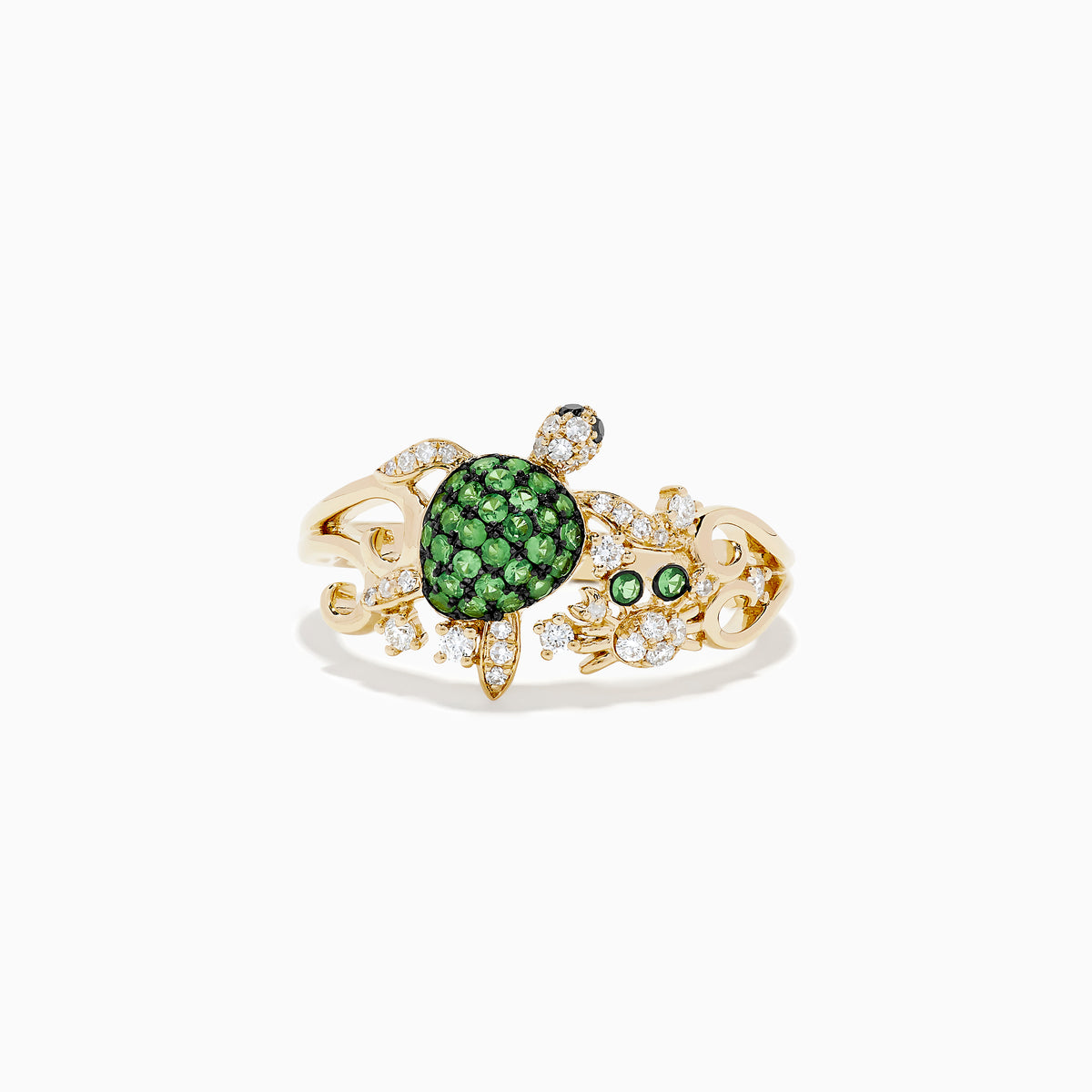 The Seaside 14K Yellow Gold Tsavorite and Diamond Turtle Ring features a turtle design with a tsavorite gemstone shell and sparkling diamonds on its head, legs, and band, displayed against a white background.