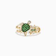 The Seaside 14K Yellow Gold Tsavorite and Diamond Turtle Ring features a turtle design with a tsavorite gemstone shell and sparkling diamonds on its head, legs, and band, displayed against a white background.