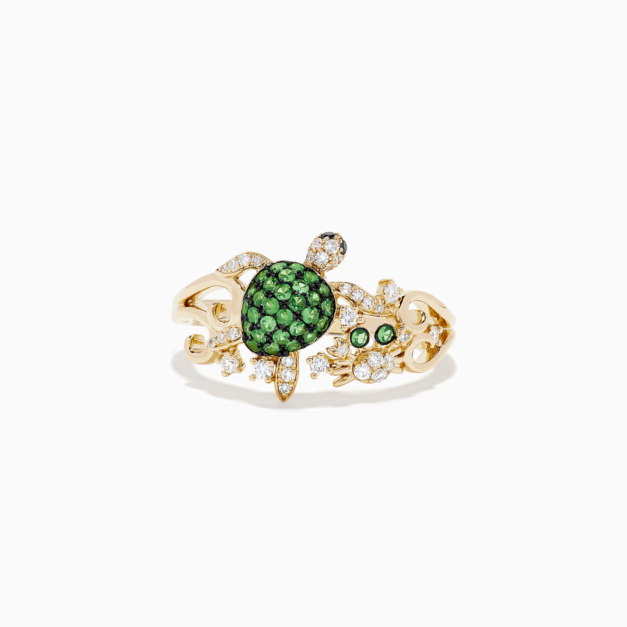 The Seaside 14K Yellow Gold Tsavorite and Diamond Turtle Ring features a turtle design with a tsavorite gemstone shell and sparkling diamonds on its head, legs, and band, displayed against a white background.