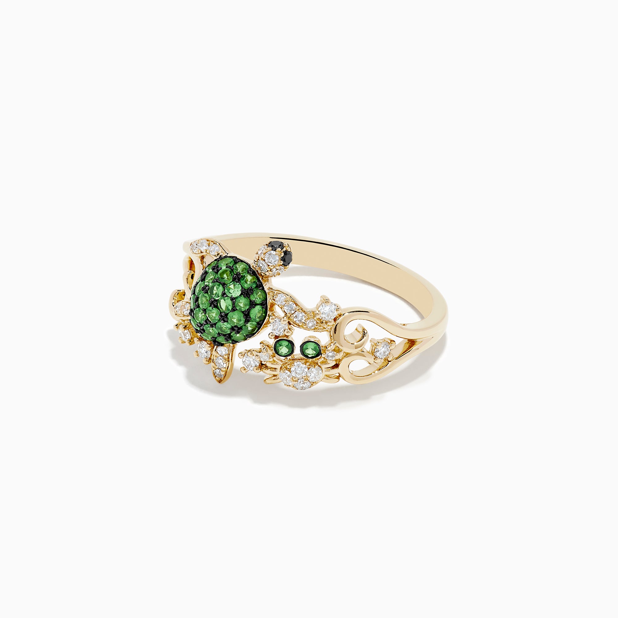 The Seaside 14K Yellow Gold Tsavorite and Diamond Turtle Ring features a turtle design with a tsavorite gemstone shell and sparkling diamonds on its head, legs, and band, displayed against a white background.