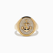 The Mens 14K Yellow Gold Diamond Anchor Ring features an oval face with a diamond anchor design set on a matching gemstone background and a smooth, shiny gold band.