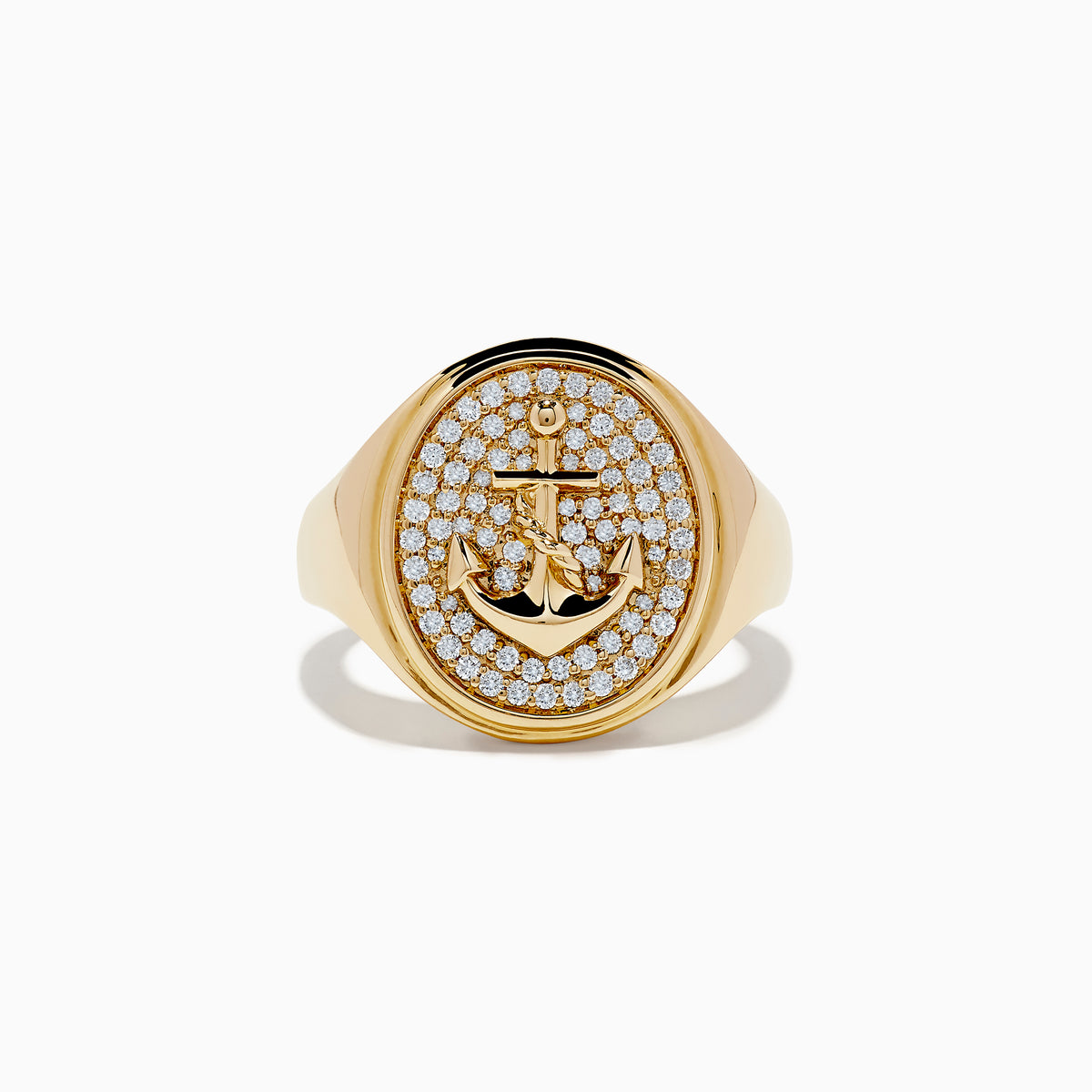 The Mens 14K Yellow Gold Diamond Anchor Ring features an oval face with a diamond anchor design set on a matching gemstone background and a smooth, shiny gold band.
