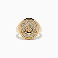 The Mens 14K Yellow Gold Diamond Anchor Ring features an oval face with a diamond anchor design set on a matching gemstone background and a smooth, shiny gold band.