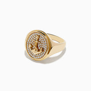 The Mens 14K Yellow Gold Diamond Anchor Ring features an oval face with a diamond anchor design set on a matching gemstone background and a smooth, shiny gold band.