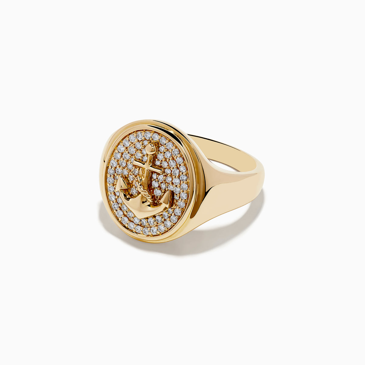 The Mens 14K Yellow Gold Diamond Anchor Ring features an oval face with a diamond anchor design set on a matching gemstone background and a smooth, shiny gold band.