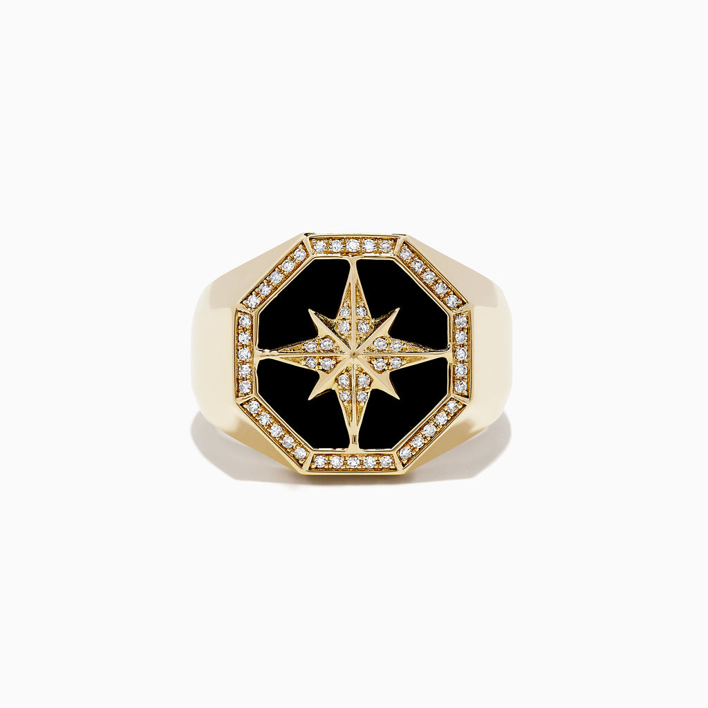 The Mens 14K Yellow Gold Onyx and Diamond Star Ring, 0.21 TCW, features an octagonal onyx face with a diamond-accented starburst design and a border of sparkling diamonds.