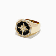 The Mens 14K Yellow Gold Onyx and Diamond Star Ring, 0.21 TCW, features an octagonal onyx face with a diamond-accented starburst design and a border of sparkling diamonds.