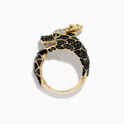 The Mens 14K Yellow Gold Tsavorite and Multi Diamond Dragon Ring features a detailed dragon head and body, black and green enamel scales, tsavorite gem eyes, and an intricate gold openwork pattern on the neck.