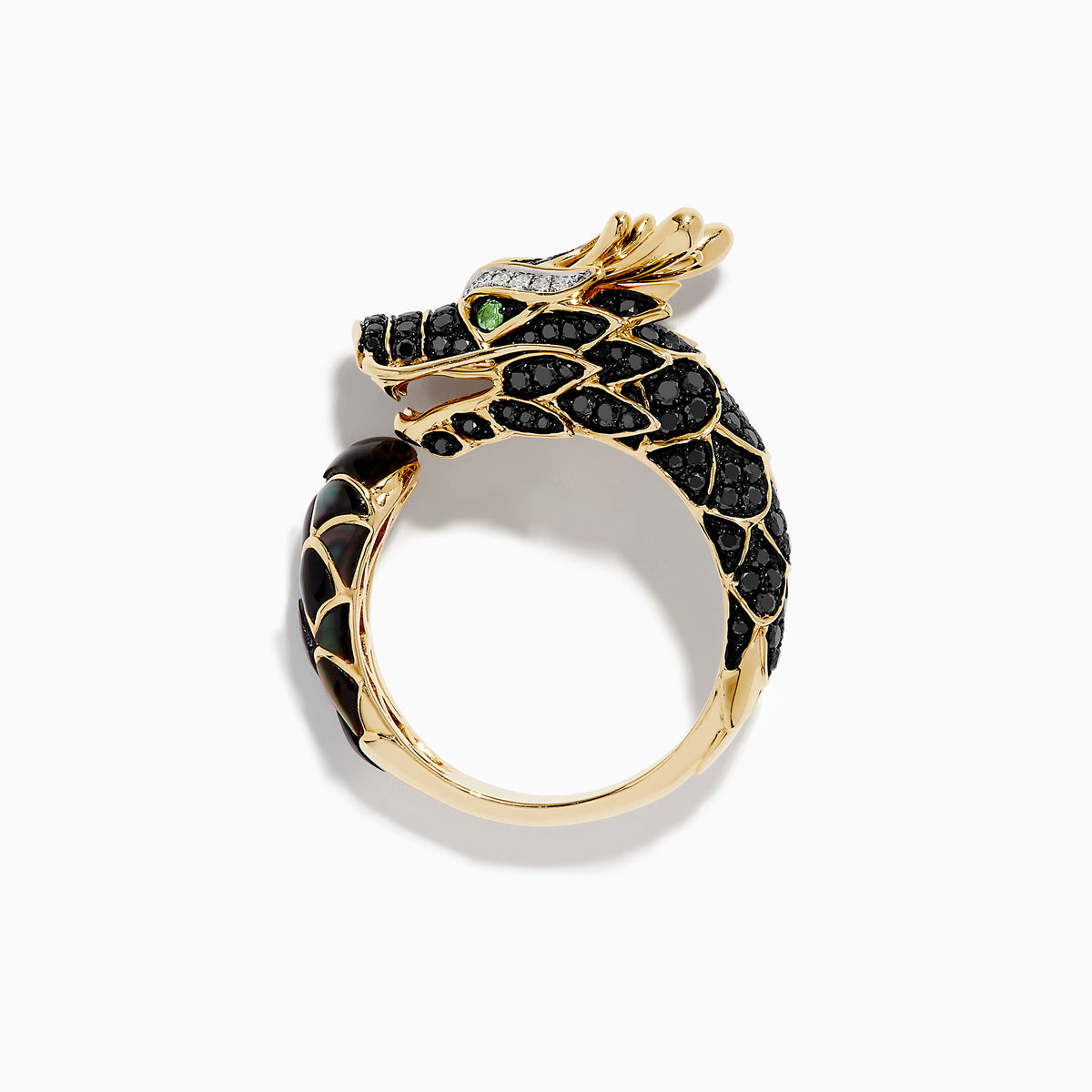 The Mens 14K Yellow Gold Tsavorite and Multi Diamond Dragon Ring features a detailed dragon head and body, black and green enamel scales, tsavorite gem eyes, and an intricate gold openwork pattern on the neck.