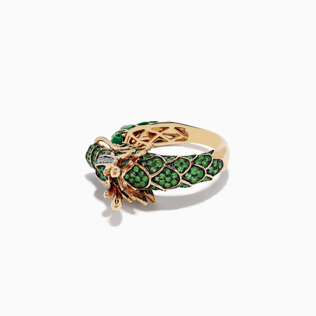 Men’s 14K yellow gold dragon ring with diamond, tsavorite, and malachite accents, featuring intricate scale details and openwork design, shaped like a dragon’s head and neck, displayed upright on a white background.