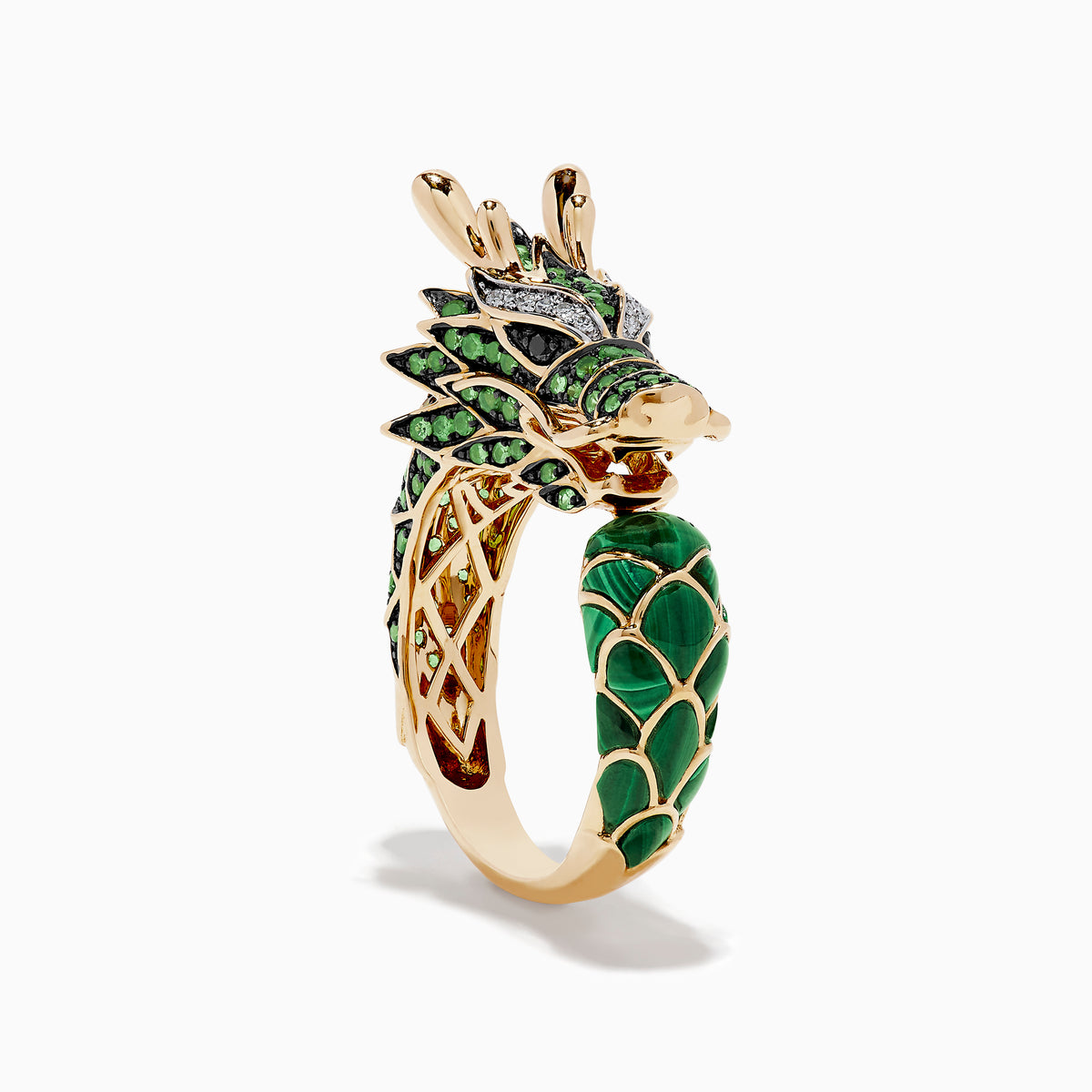 Men’s 14K yellow gold dragon ring with diamond, tsavorite, and malachite accents, featuring intricate scale details and openwork design, shaped like a dragon’s head and neck, displayed upright on a white background.