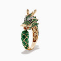 Men’s 14K yellow gold dragon ring with diamond, tsavorite, and malachite accents, featuring intricate scale details and openwork design, shaped like a dragon’s head and neck, displayed upright on a white background.