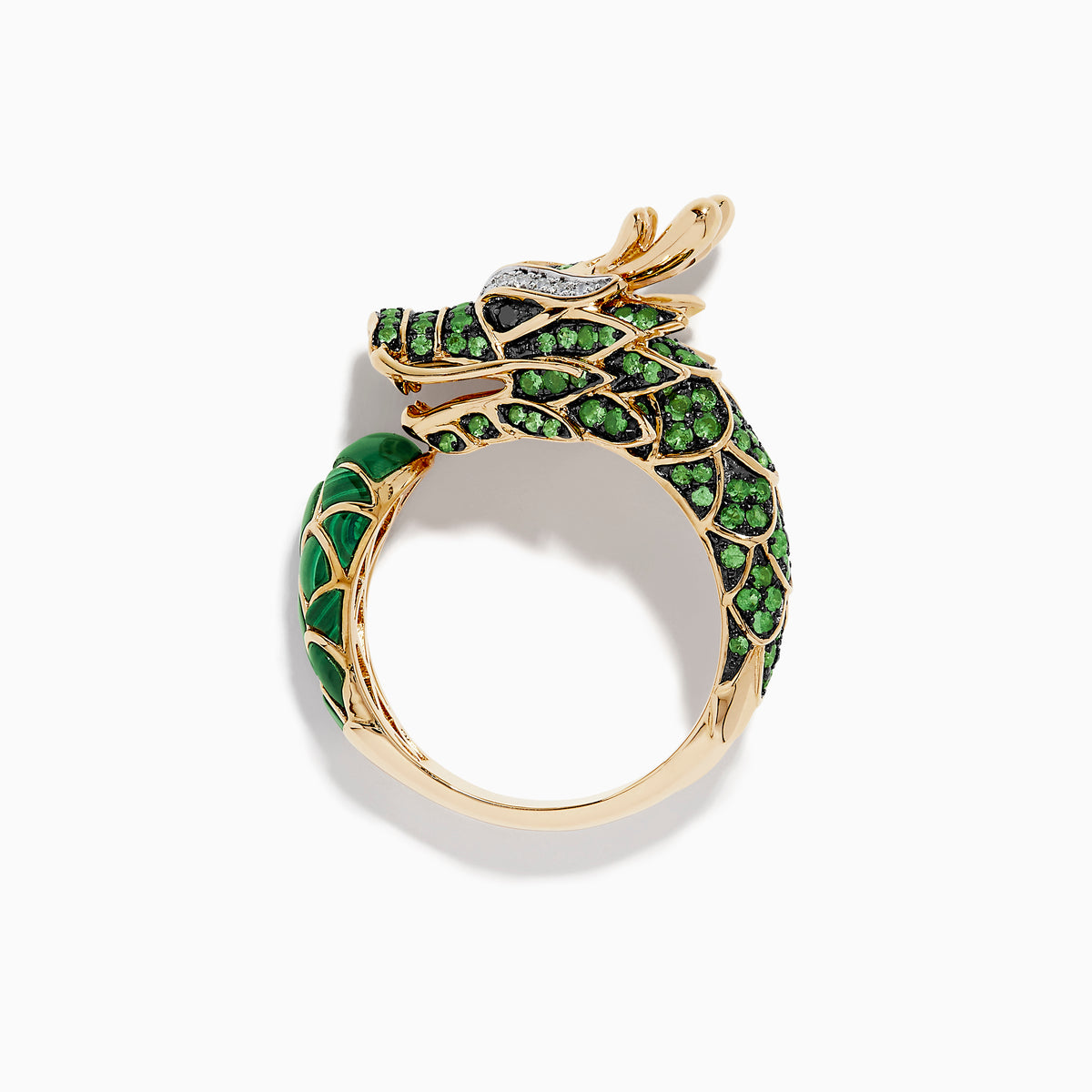 Men’s 14K yellow gold dragon ring with diamond, tsavorite, and malachite accents, featuring intricate scale details and openwork design, shaped like a dragon’s head and neck, displayed upright on a white background.