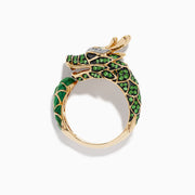 Men’s 14K yellow gold dragon ring with diamond, tsavorite, and malachite accents, featuring intricate scale details and openwork design, shaped like a dragon’s head and neck, displayed upright on a white background.