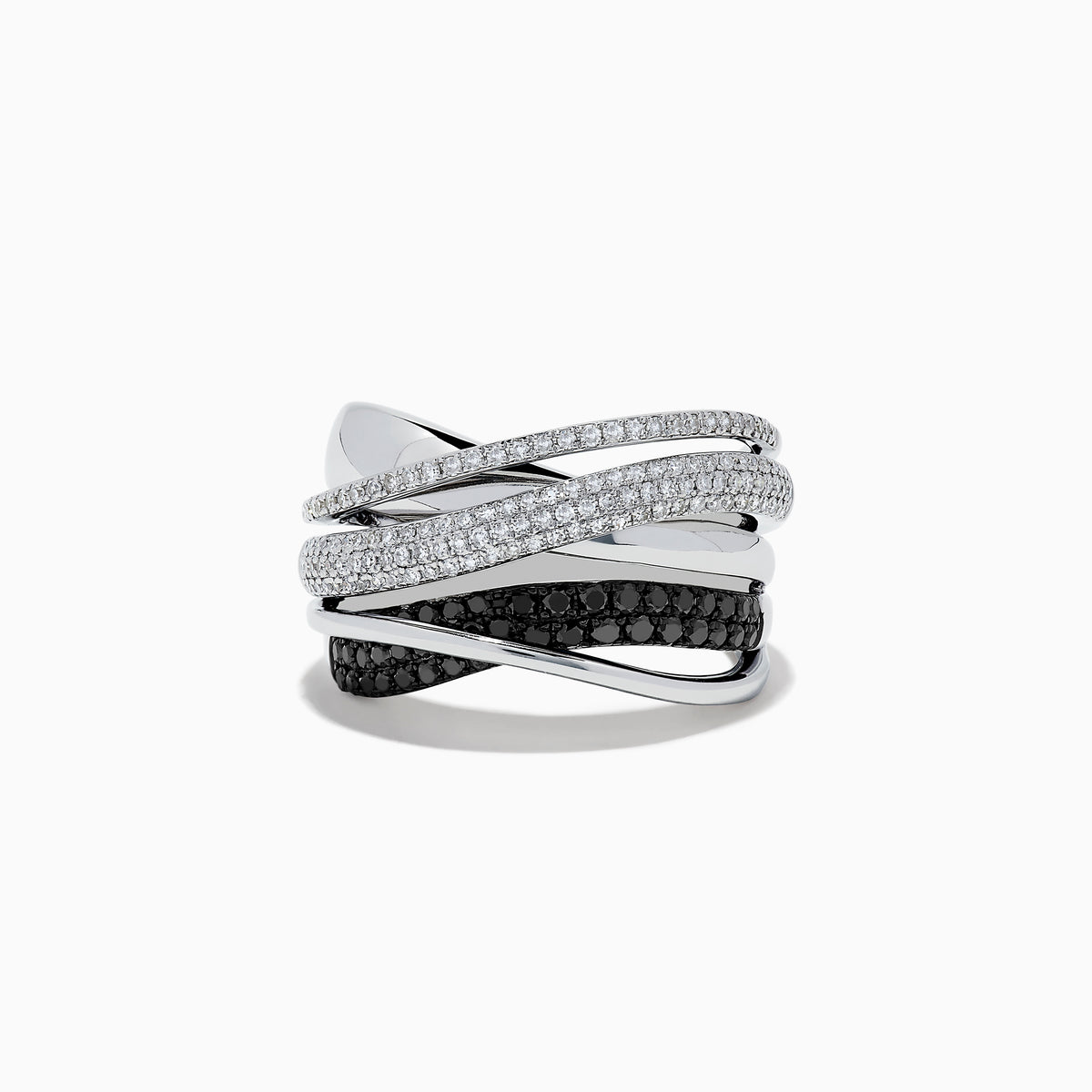 The Caviar 14K White Gold White and Black Diamond Crossover Ring features overlapping bands, some accented with white and black diamonds, creating a striking crisscross pattern against a pristine white gold setting.