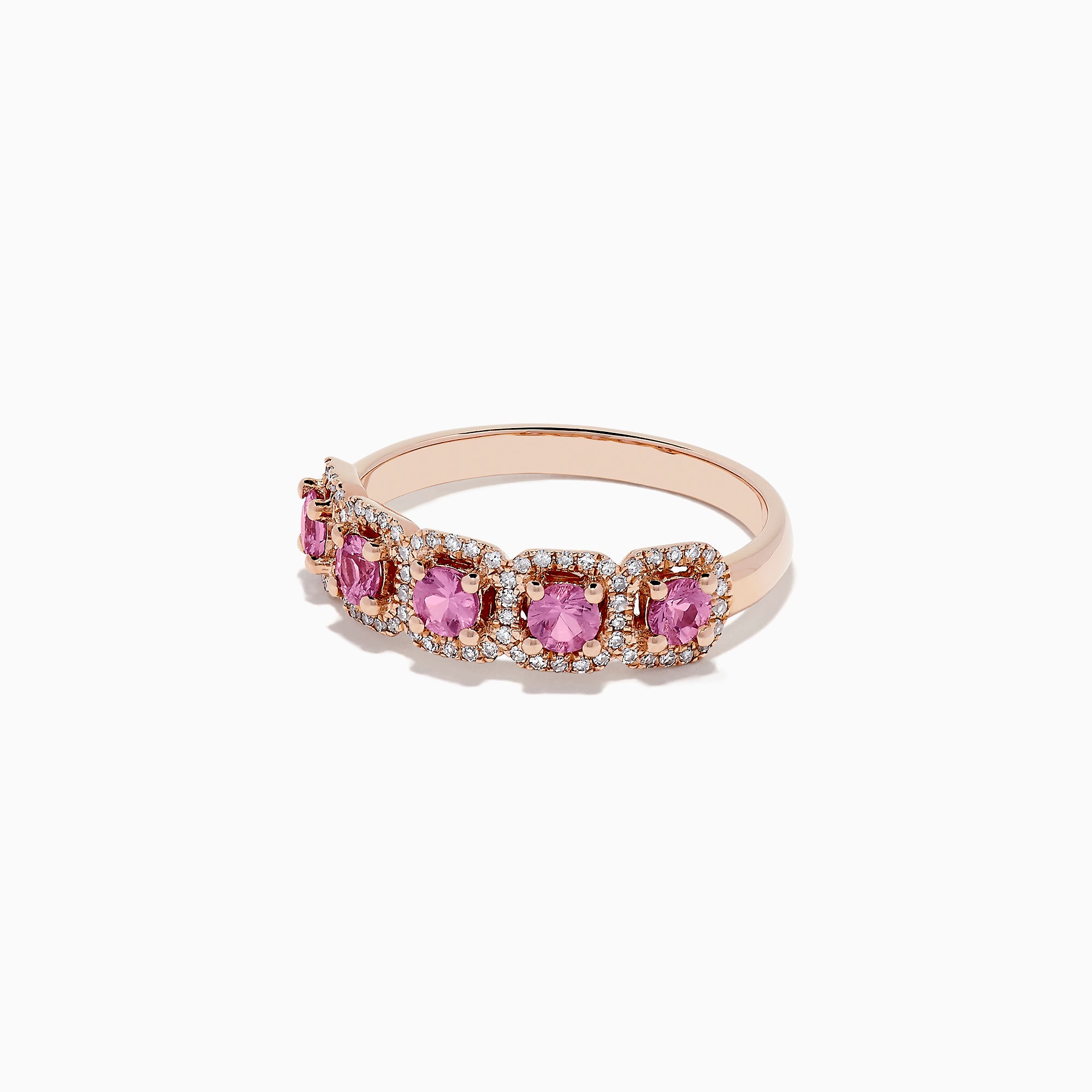 The 14K Rose Gold Pink Sapphire and Diamond Ring, 0.85 TCW, showcases five round pink sapphires encircled by white diamonds in an ornate band.