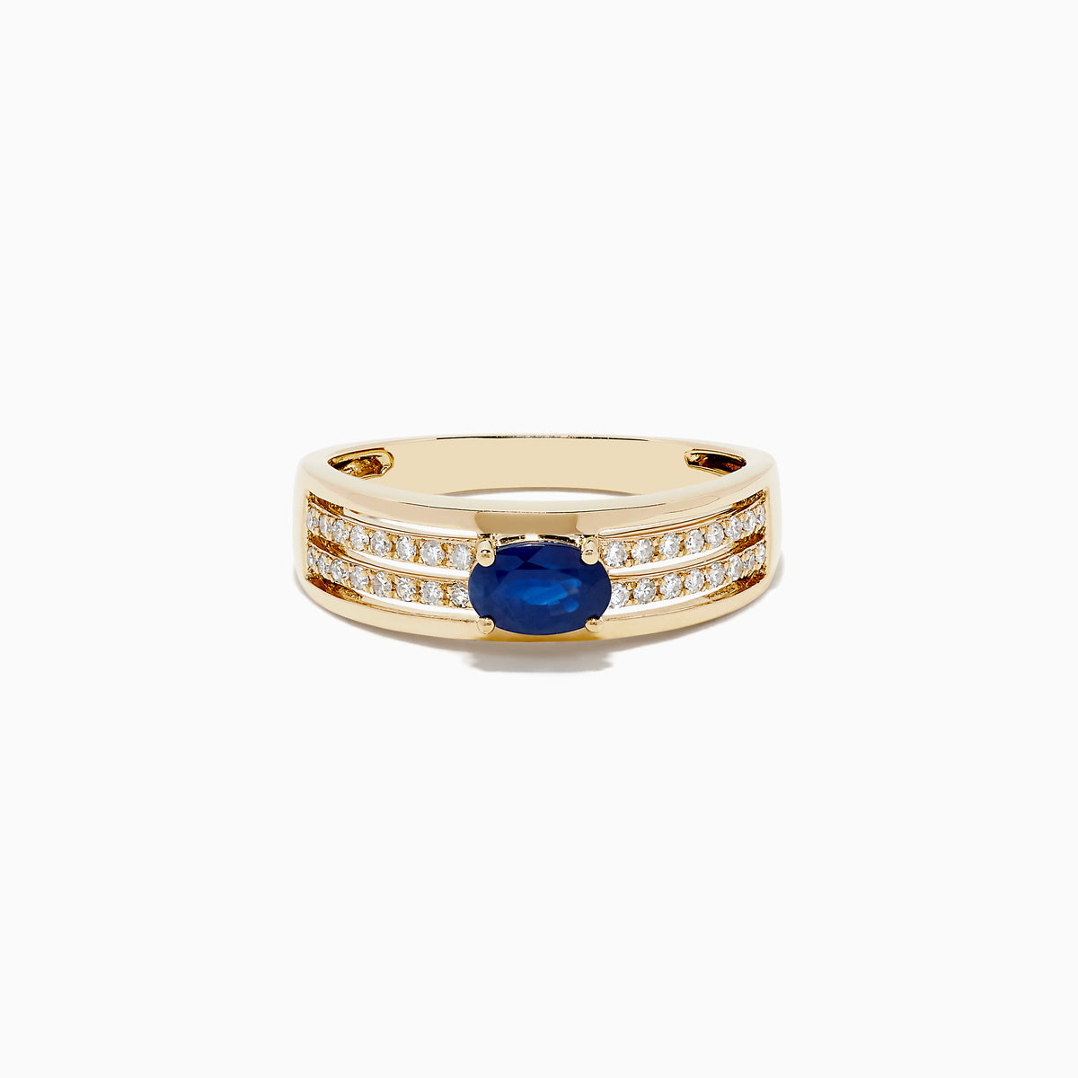 The Royale Bleu 14K Yellow Gold Sapphire and Diamond Ring features a central oval blue sapphire accented by two rows of sparkling round diamonds on each side, beautifully set against a white gold background.
