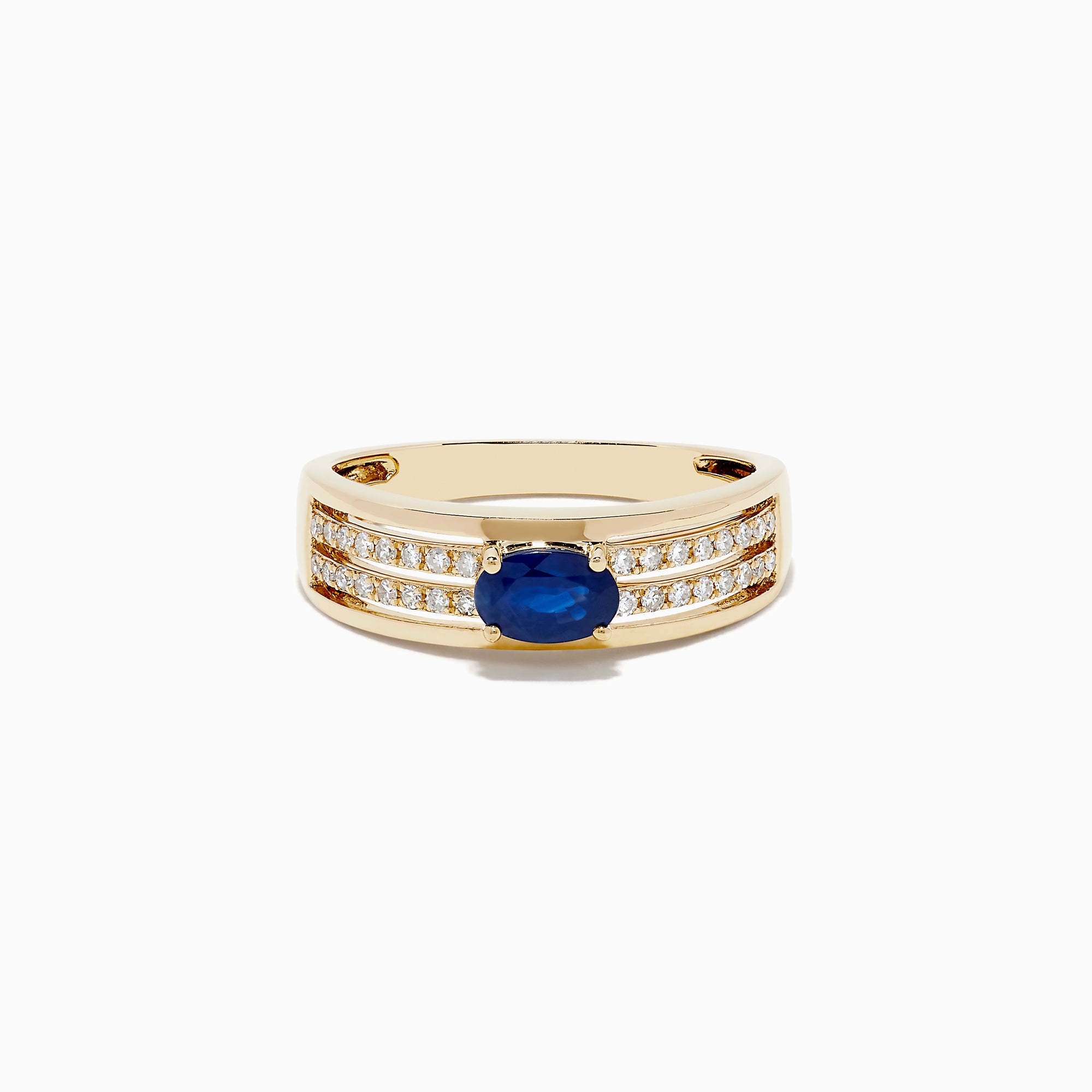 The Royale Bleu 14K Yellow Gold Sapphire and Diamond Ring features a central oval blue sapphire accented by two rows of sparkling round diamonds on each side, beautifully set against a white gold background.