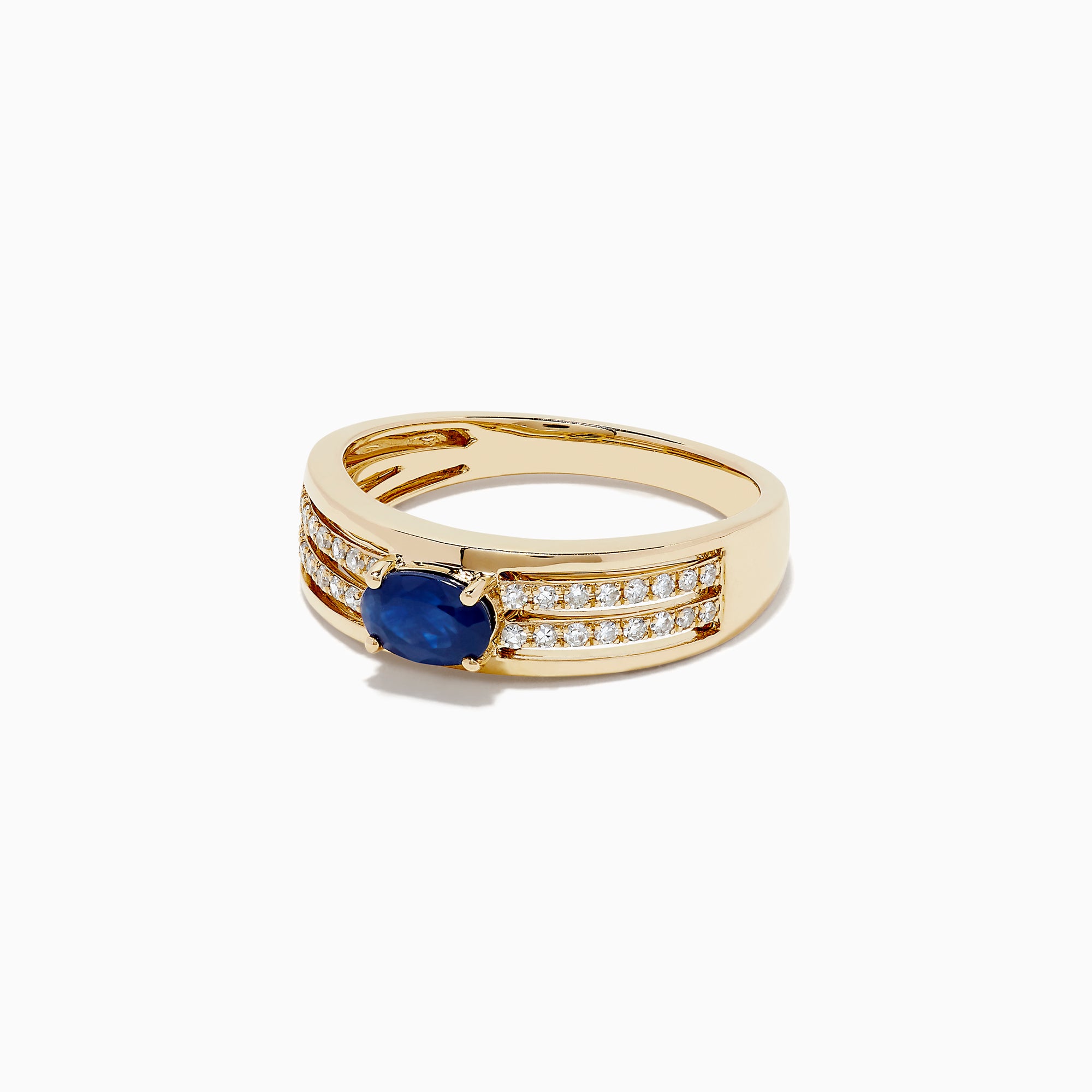 The Royale Bleu 14K Yellow Gold Sapphire and Diamond Ring features a central oval blue sapphire accented by two rows of sparkling round diamonds on each side, beautifully set against a white gold background.
