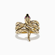 The Safari 14K Yellow Gold Diamond Snake Ring features diamond accents, black enamel details, and pink gemstone eyes, coiled in a lifelike pose.