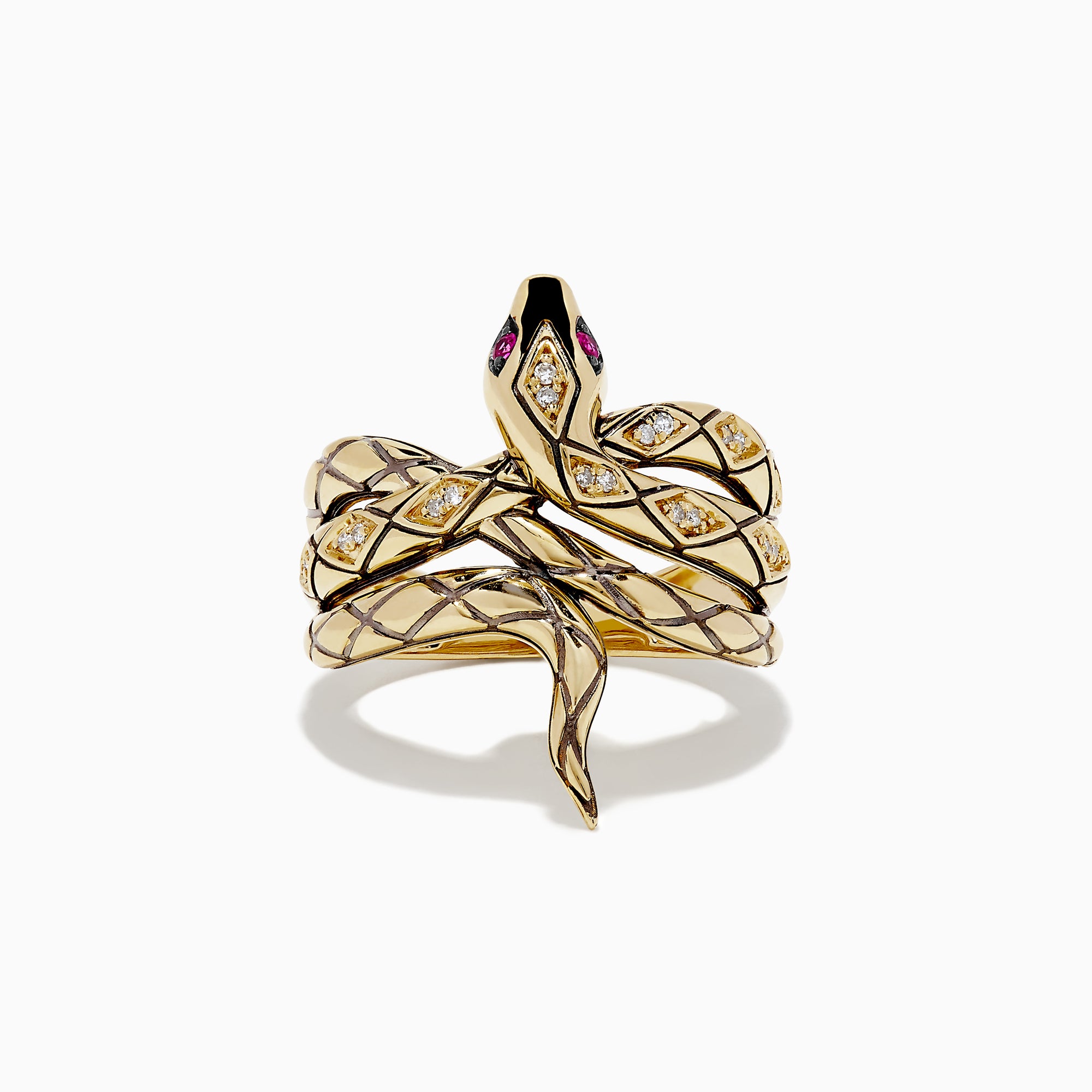 The Safari 14K Yellow Gold Diamond Snake Ring features diamond accents, black enamel details, and pink gemstone eyes, coiled in a lifelike pose.