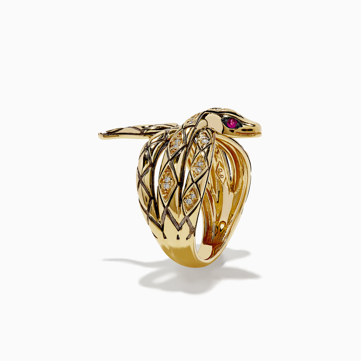 The Safari 14K Yellow Gold Diamond Snake Ring features diamond accents, black enamel details, and pink gemstone eyes, coiled in a lifelike pose.