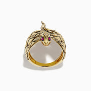The Safari 14K Yellow Gold Diamond Snake Ring features diamond accents, black enamel details, and pink gemstone eyes, coiled in a lifelike pose.