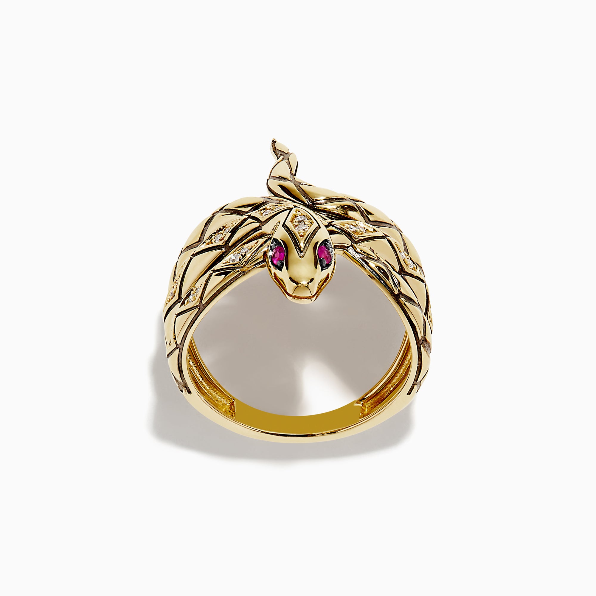 The Safari 14K Yellow Gold Diamond Snake Ring features diamond accents, black enamel details, and pink gemstone eyes, coiled in a lifelike pose.