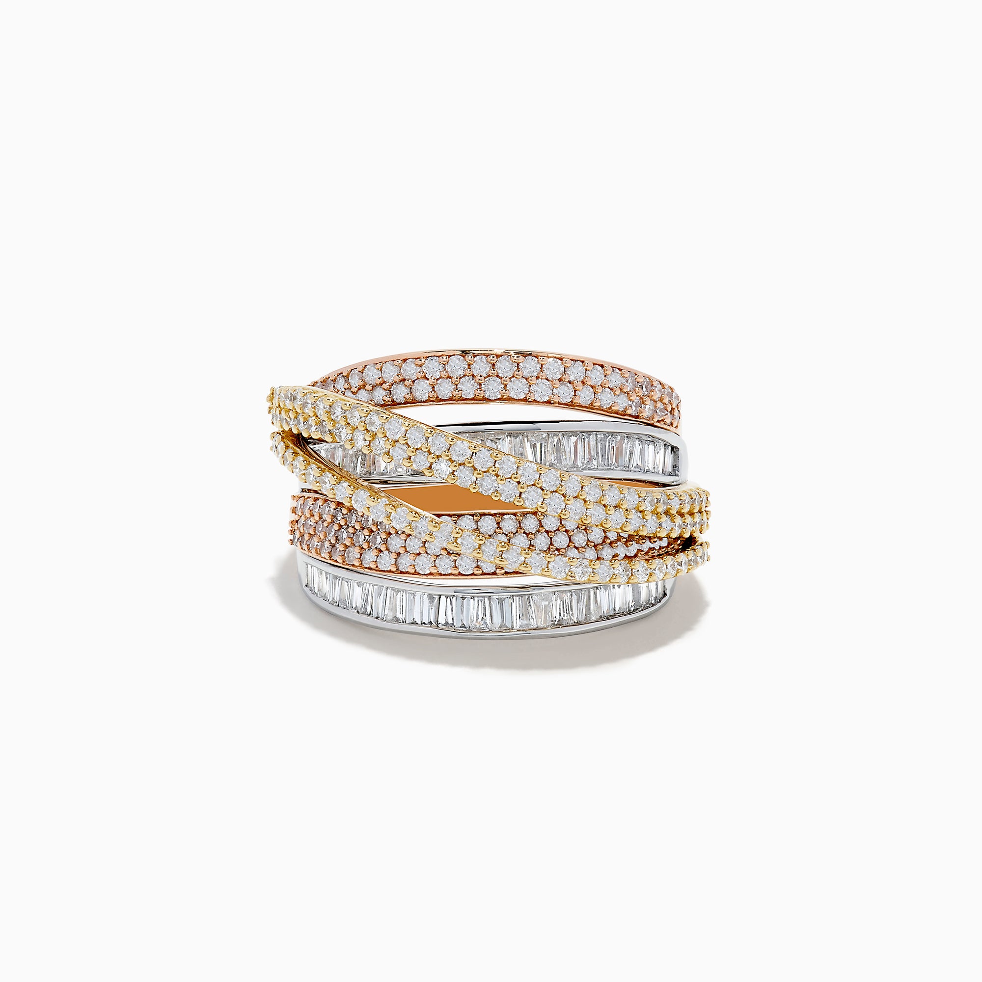 The Trio 14K Three Tone Diamond Crossover Ring features intertwined bands of white, yellow, and rose gold, each adorned with diamonds in various shapes and sizes for a dazzling effect.