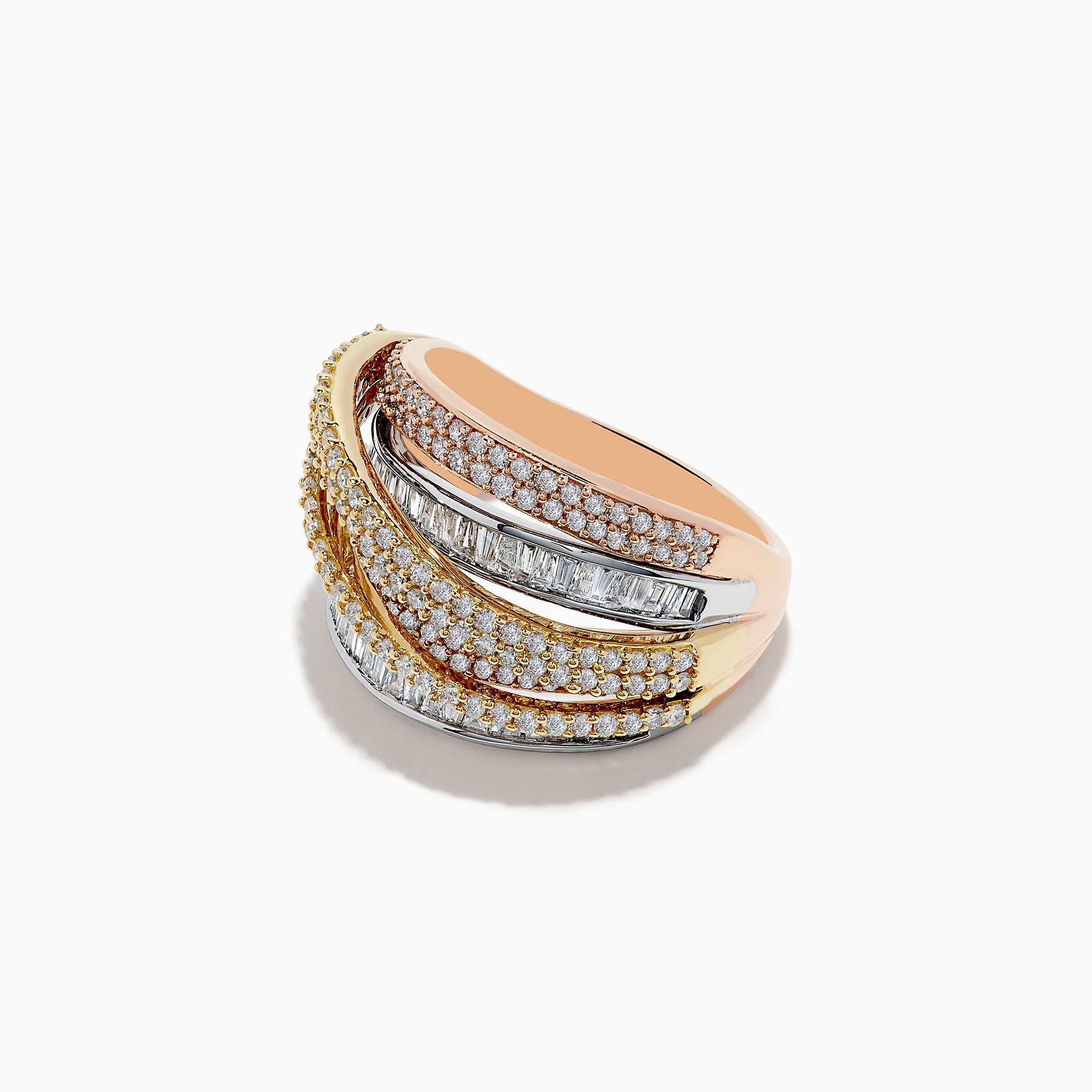 The Trio 14K Three Tone Diamond Crossover Ring features intertwined bands of white, yellow, and rose gold, each adorned with diamonds in various shapes and sizes for a dazzling effect.